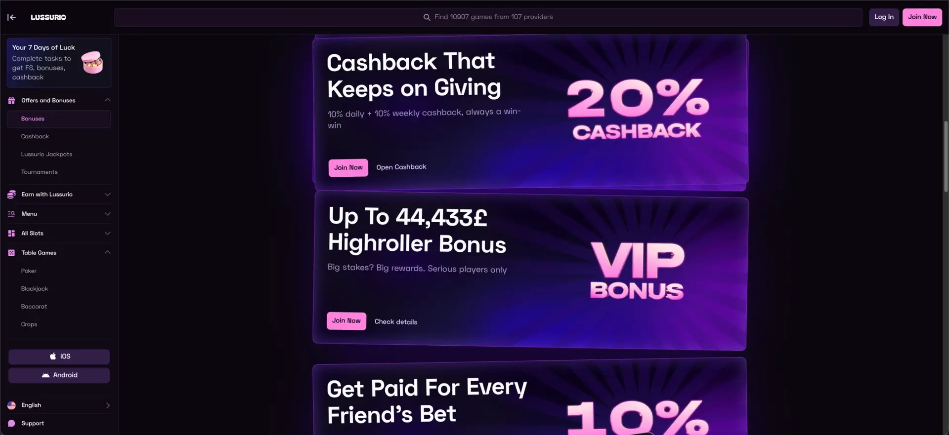 Lussurio cashback and VIP rewards