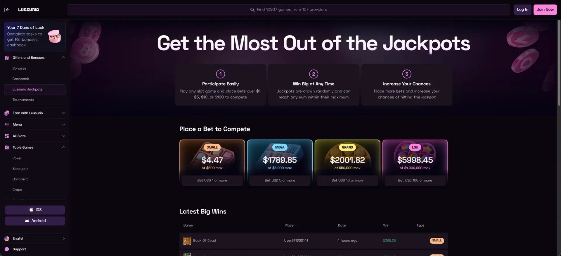 Lussurio progressive jackpots