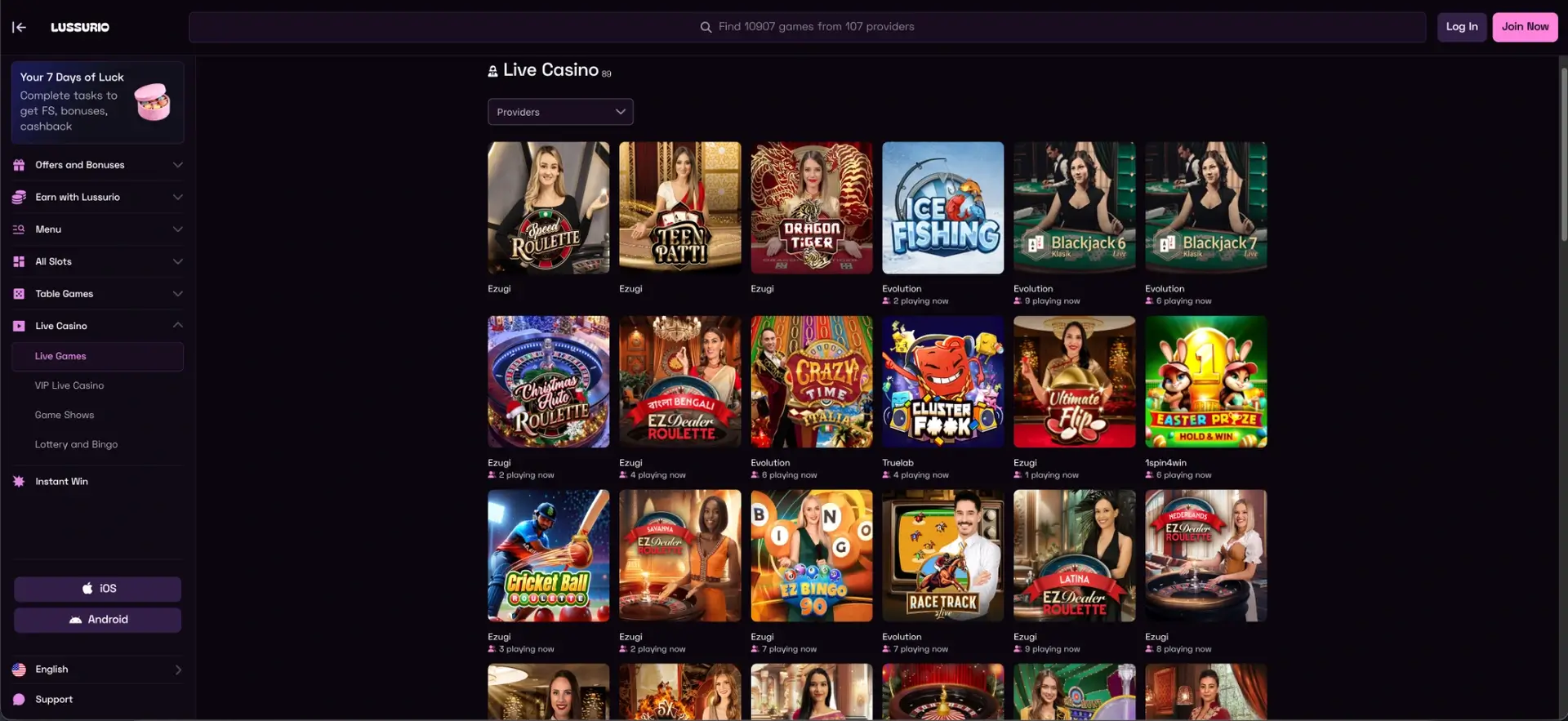 Lussurio live casino lobby