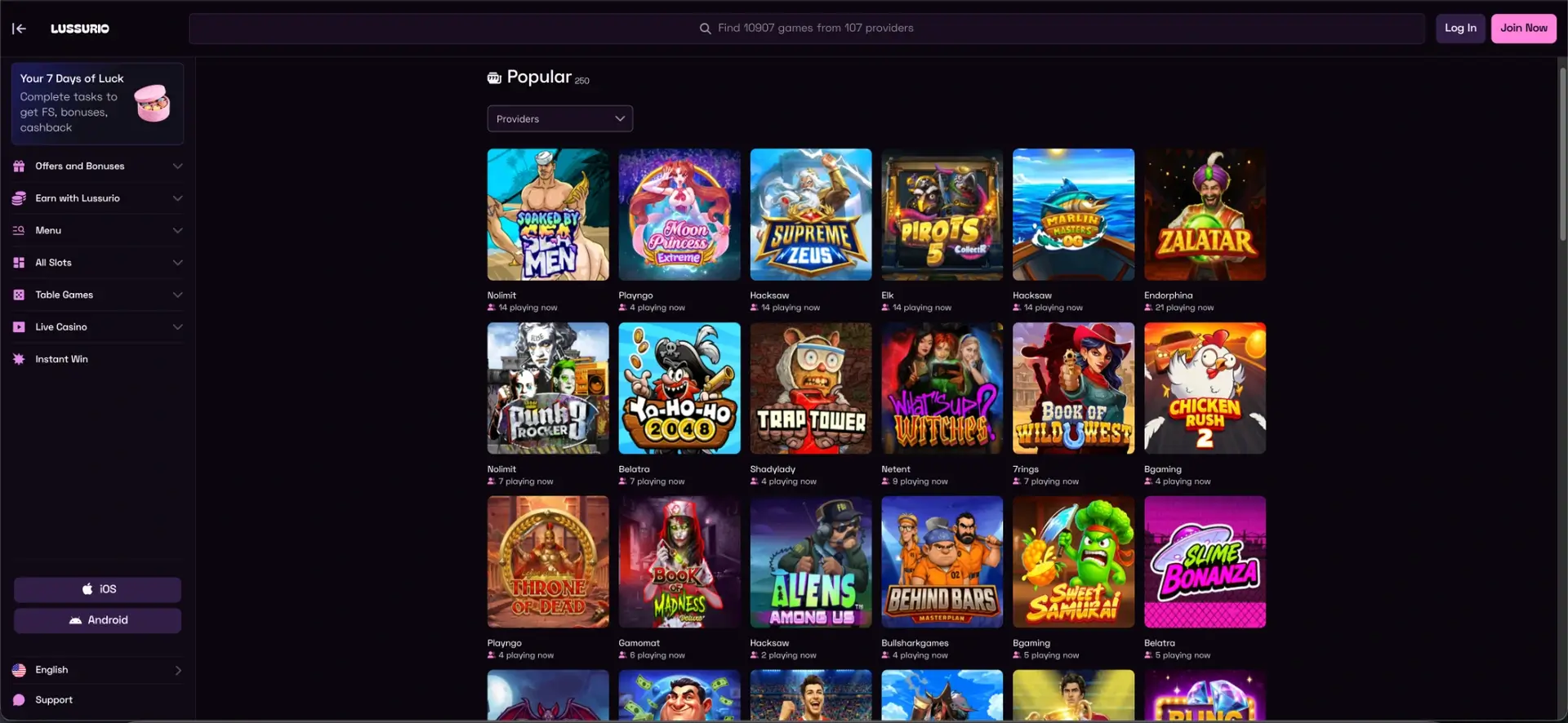 Popular games at Lussurio Casino